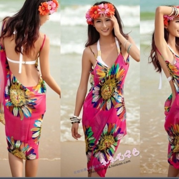 🎉 Pink Sheer Floral Cover Up Dress - Picture 3 of 8